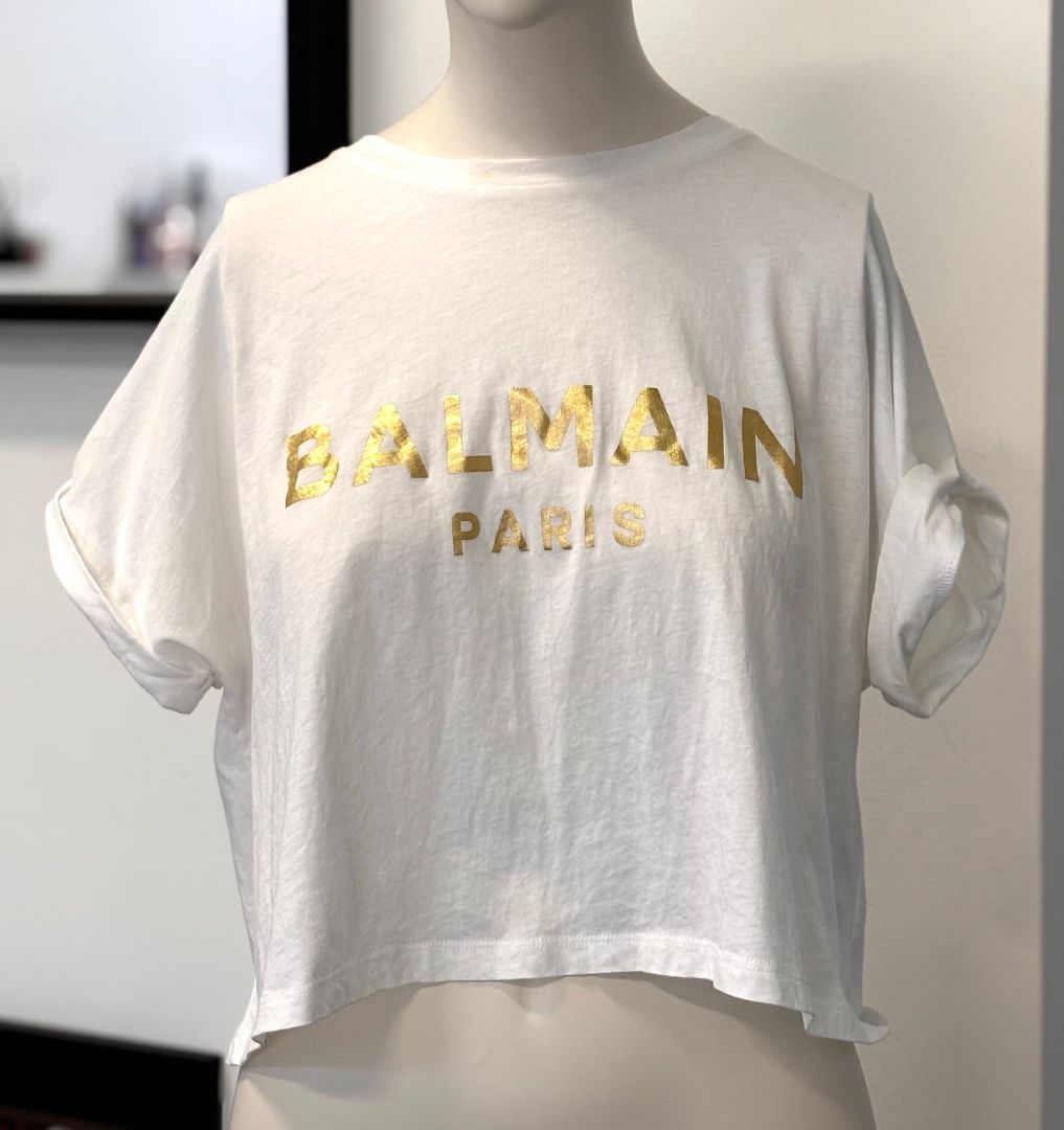 BALMAIN Cropped TShirt with Gold Writing