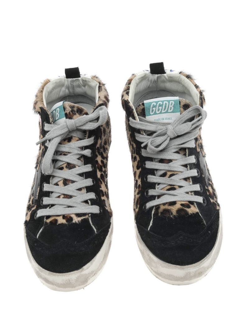 GOLDEN GOOSE Mid Star Sneakers, Black with Brown Leopard Print Ponyhair