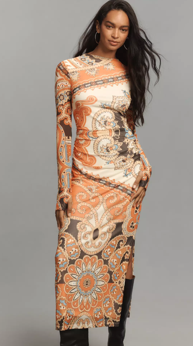 Farm Rio Long-Sleeve Mock-Neck Mesh Slim Midi Dress
