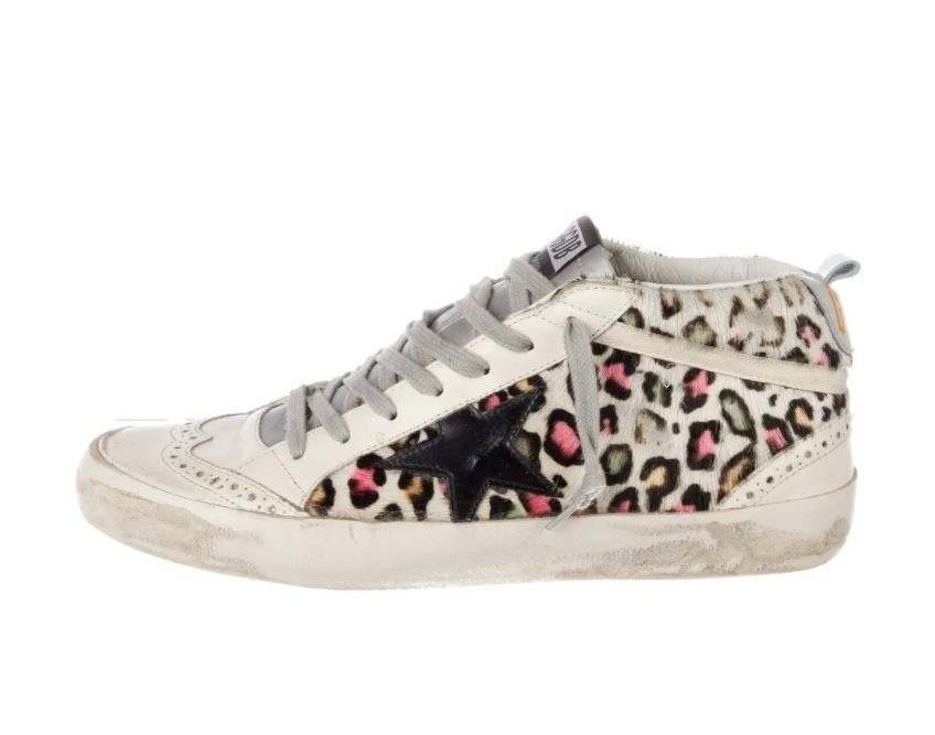GOLDEN GOOSE Mid Star Sneakers, White with Rainbow Leopard Print Ponyhair