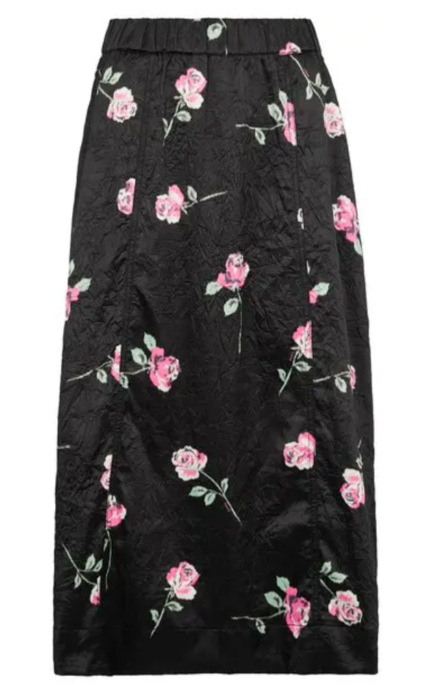 GANNI  floral-print crinkled stretch-satin midi skirt