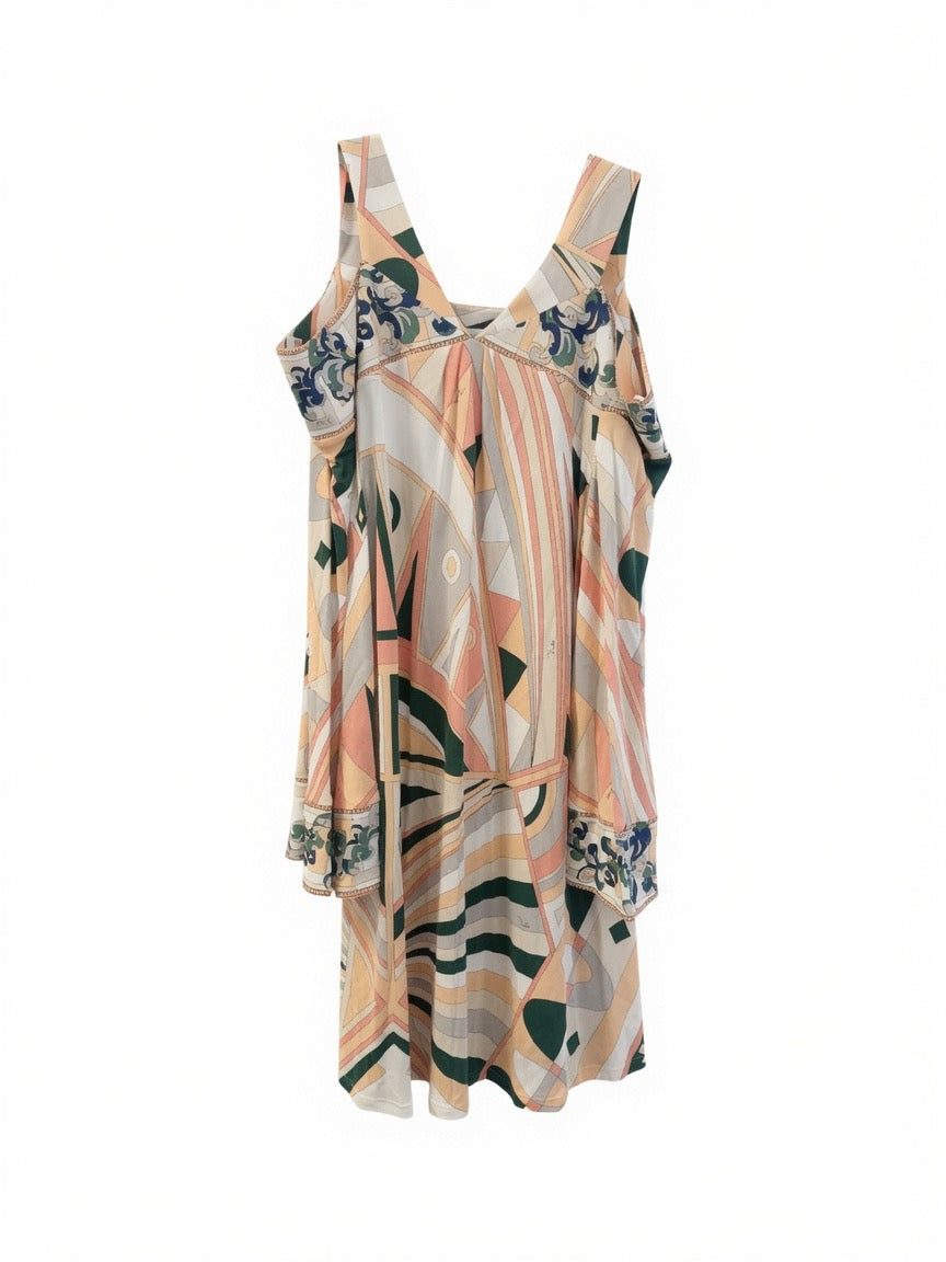 PUCCI long sleeve mini dress, shoulder cut outs, light orange pink green white print