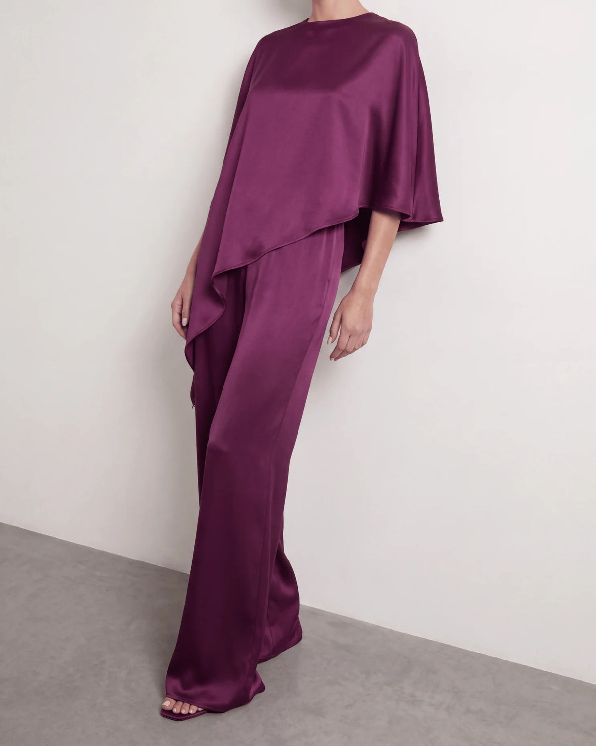 HEIRESS purple satin set, asymmetric cape top and essential pant
