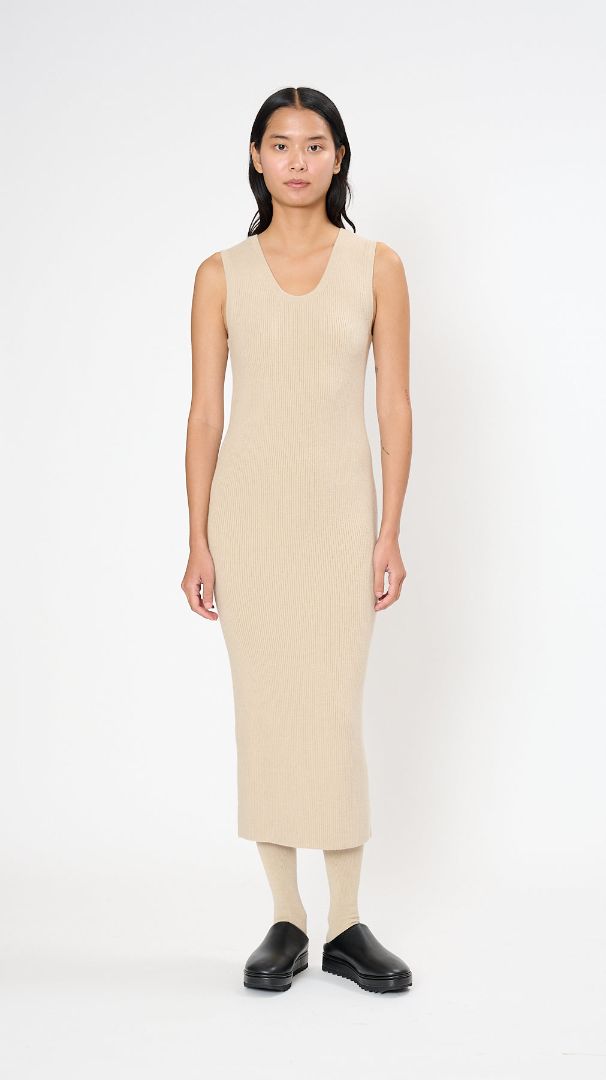 LAUREN MANOOGIAN cream ribbed bodycon dress