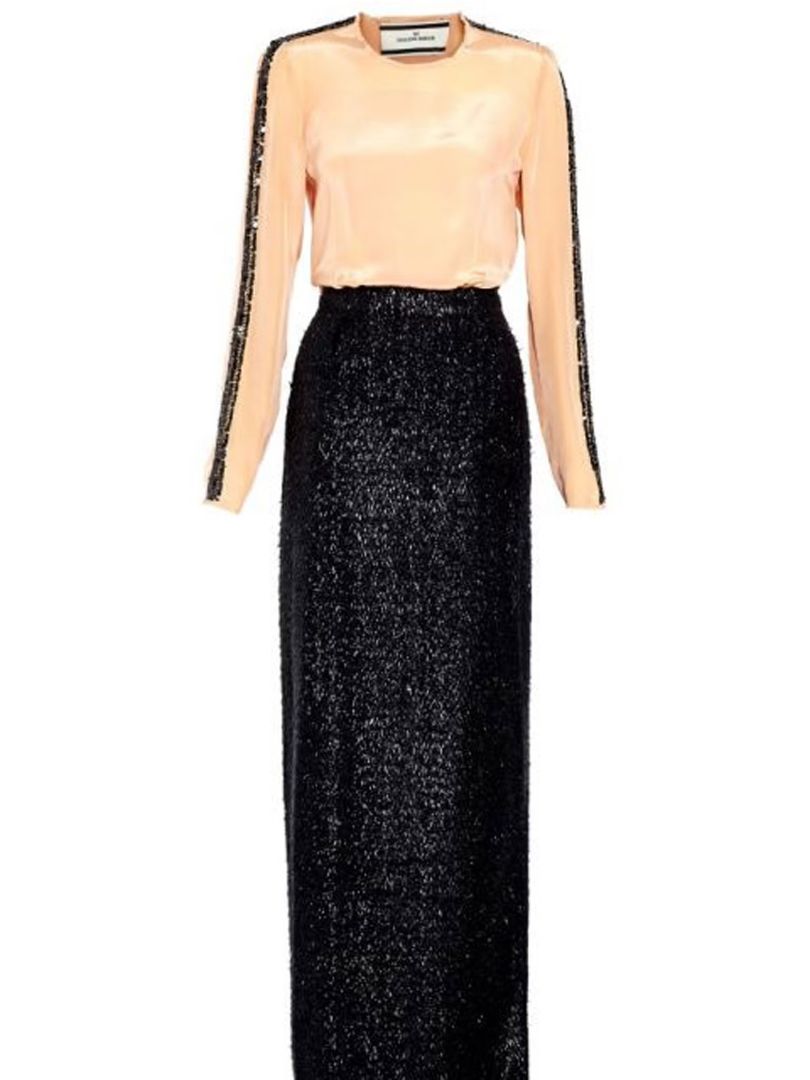 BY MALENE BIRGER long sleeve maxi gown, peach top with black sequin arm stripe, black tinsel bottom