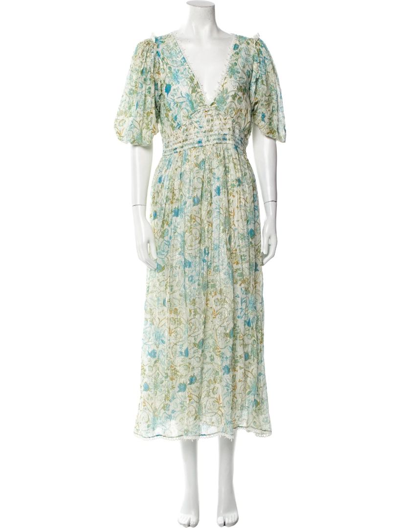 ROCOCO SAND puff tshirt sleeve maxi dress, green/blue/white with gold tinsel and flower pattern