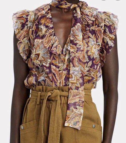 ZIMMERMANN sheer purple w orange paisley pattern silk sleeveless blouse w neck tie