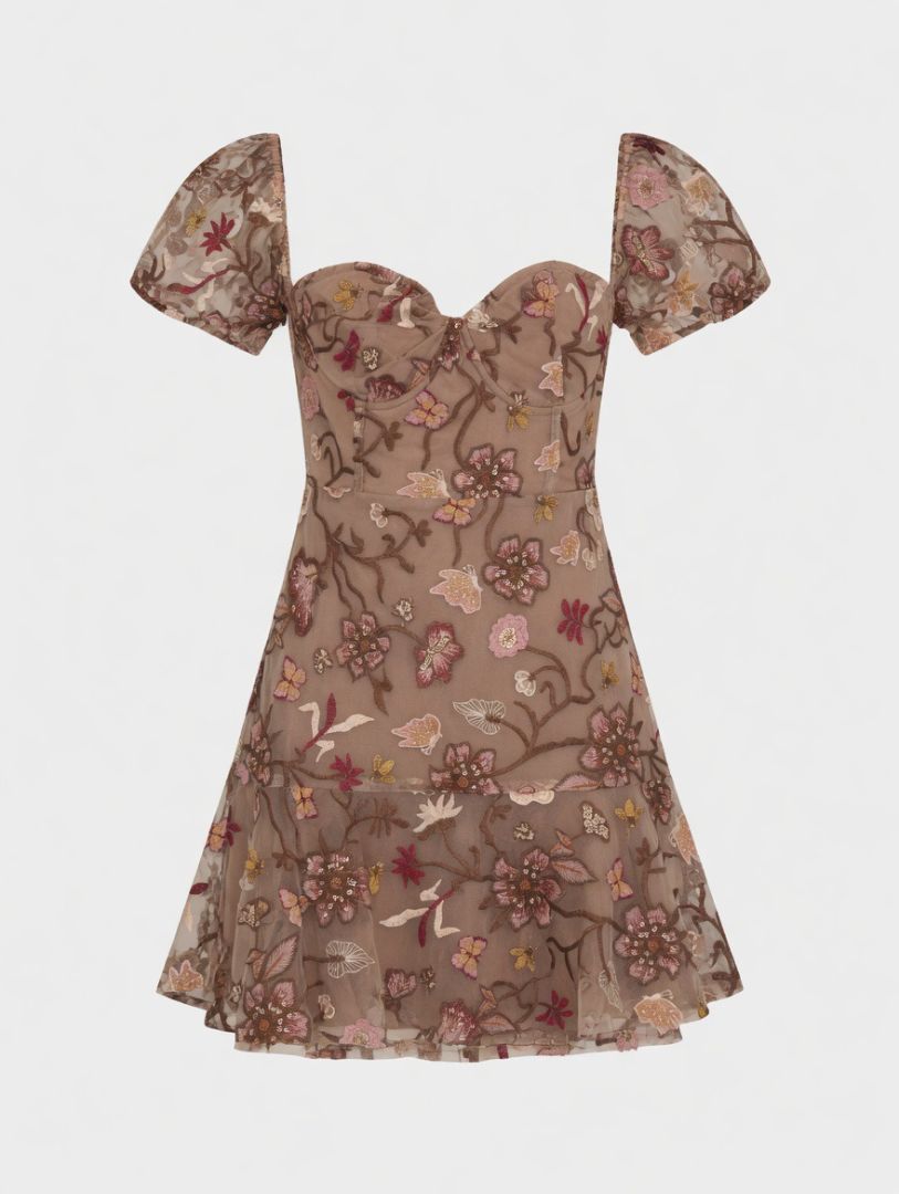 FOR LOVE & LEMONS brown mini dress w off shoulder straps and floral/butterfly sparkly embroidery
