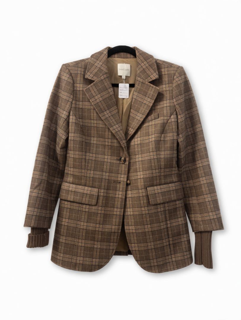 FAVORITE DAUGHTER brown plaid coat with sweater sleeve cuffs
