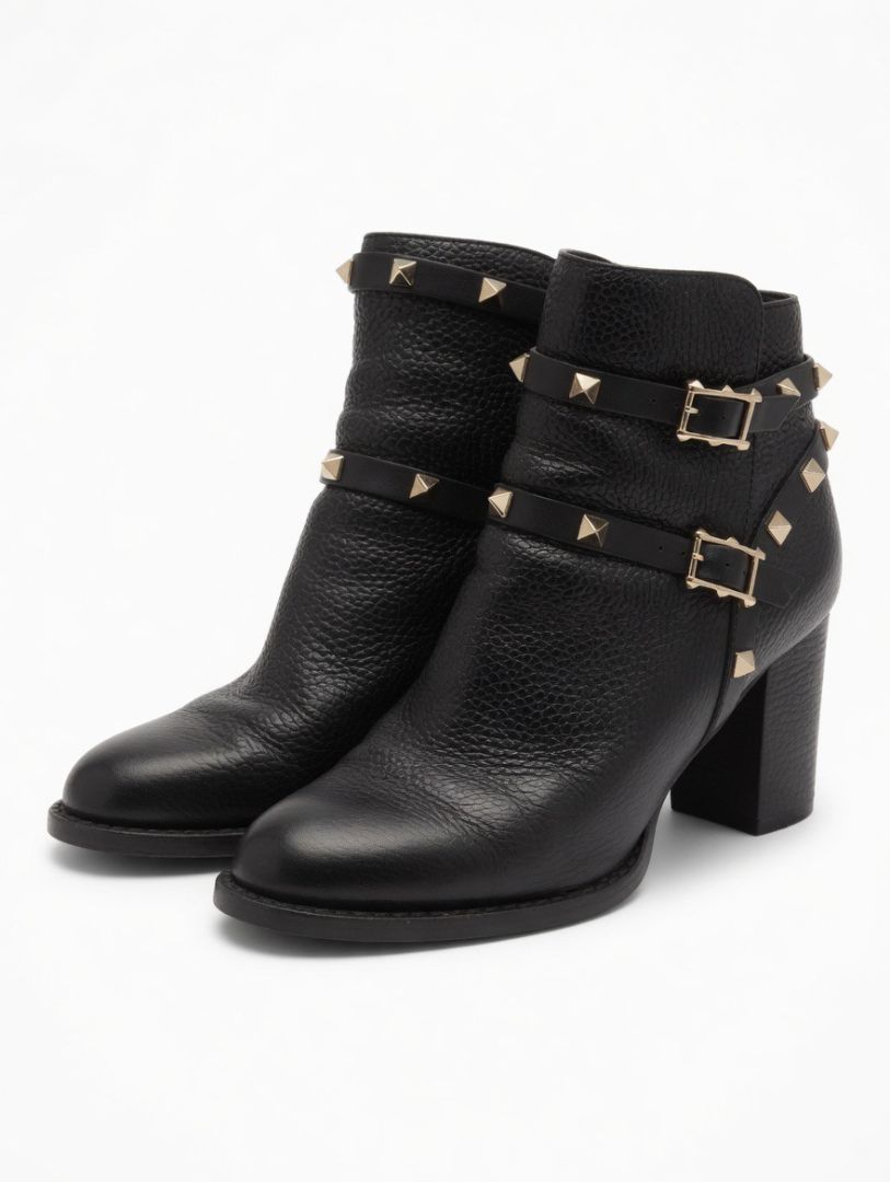 Valentino Black Pebbled Leather Rockstud Booties