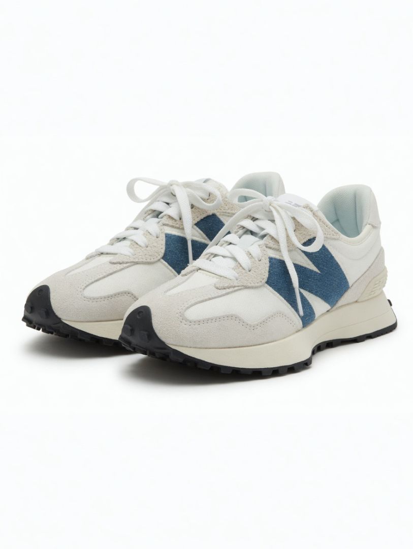 New Balance 327 in white with Blue Denim N Logo