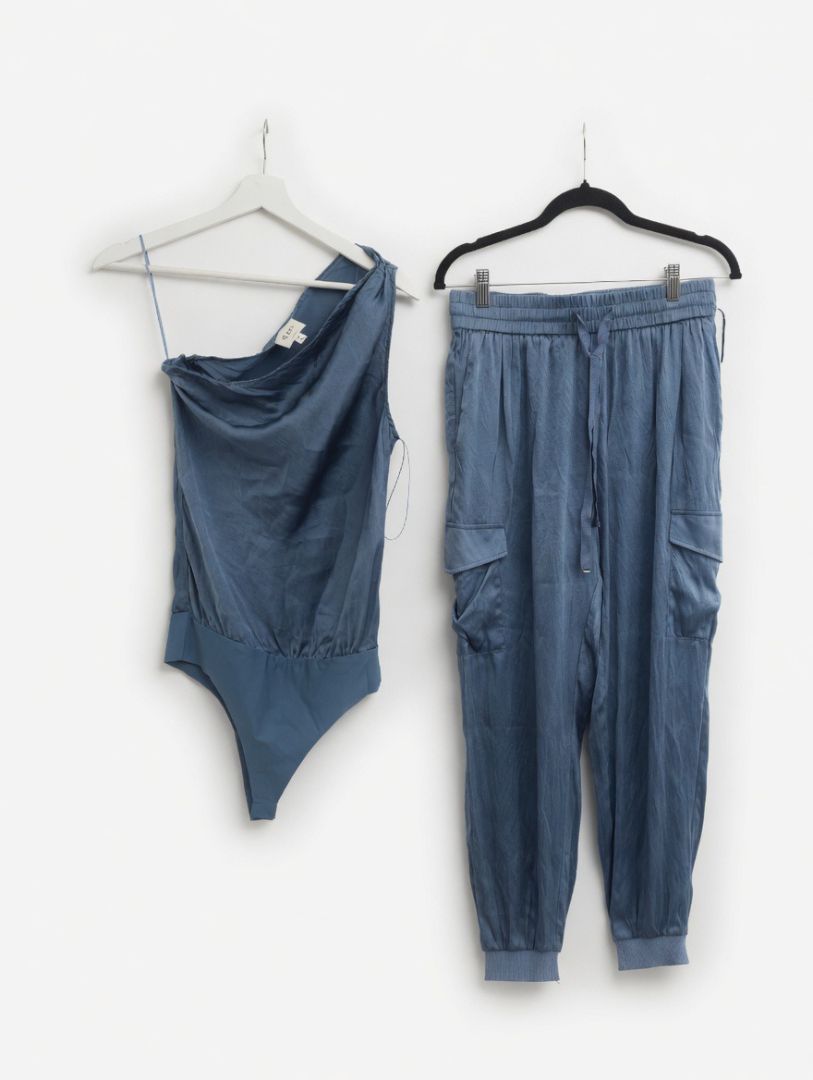 Cami NYC Dusty Blue Satin Cargo Pants and One Shoulder Bodysuit Set