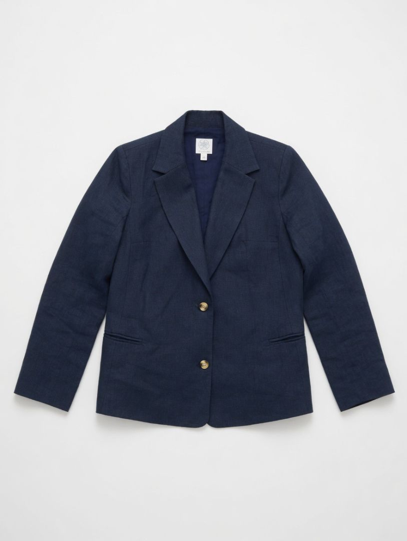 Whitney Linen Navy Linen Two Button Blazer with Flap Pockets