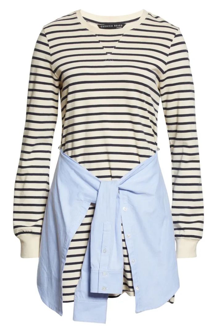 Veronica Beard Striped Long Sleeve Sweatshirt Dress with Tied Blue Shirt