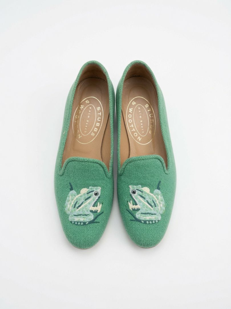 STUBBS & WOOTON GREEN FABRIC FROG LOAFERS, 7.5