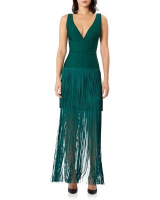 HERVE LEGER GREEN FRINGED SLEEVELESS DRESS NWT