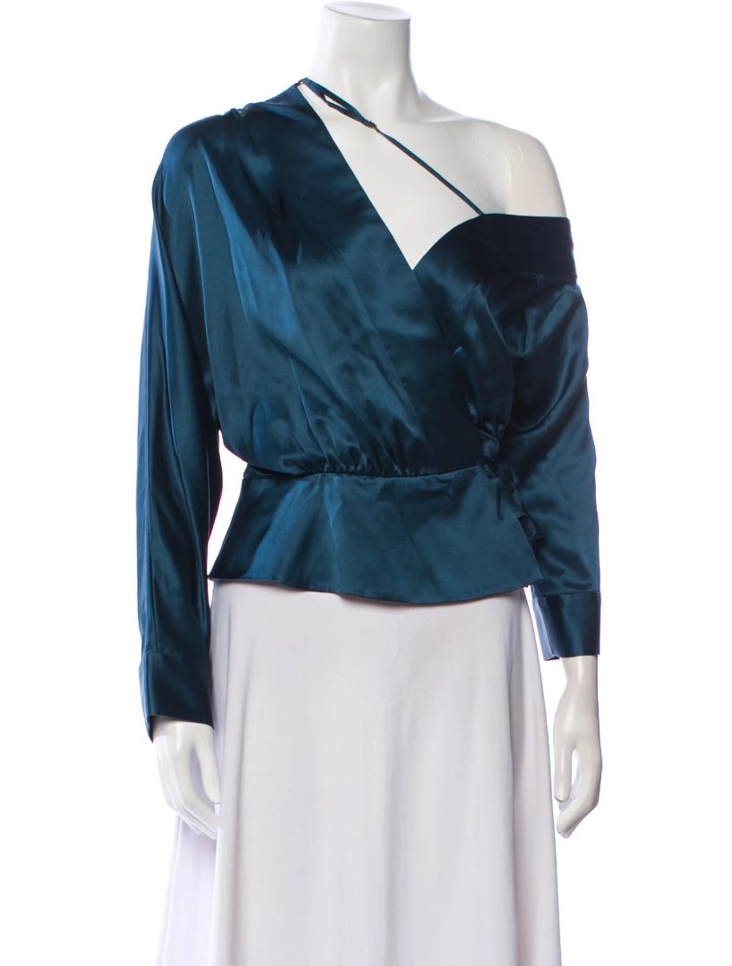 MICHELLE MASON Blue SATIN LONGLSEEVE WRAP BLOUSE