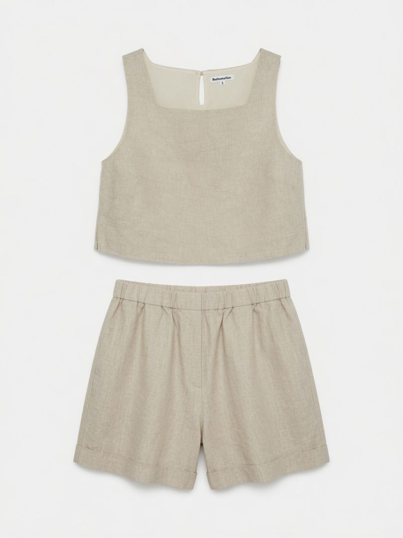 REFORMATION OAT (LIGHT BEIGE) LINEN SHORTS W/ MARCHING CROPPED LINEN TANK (SET)