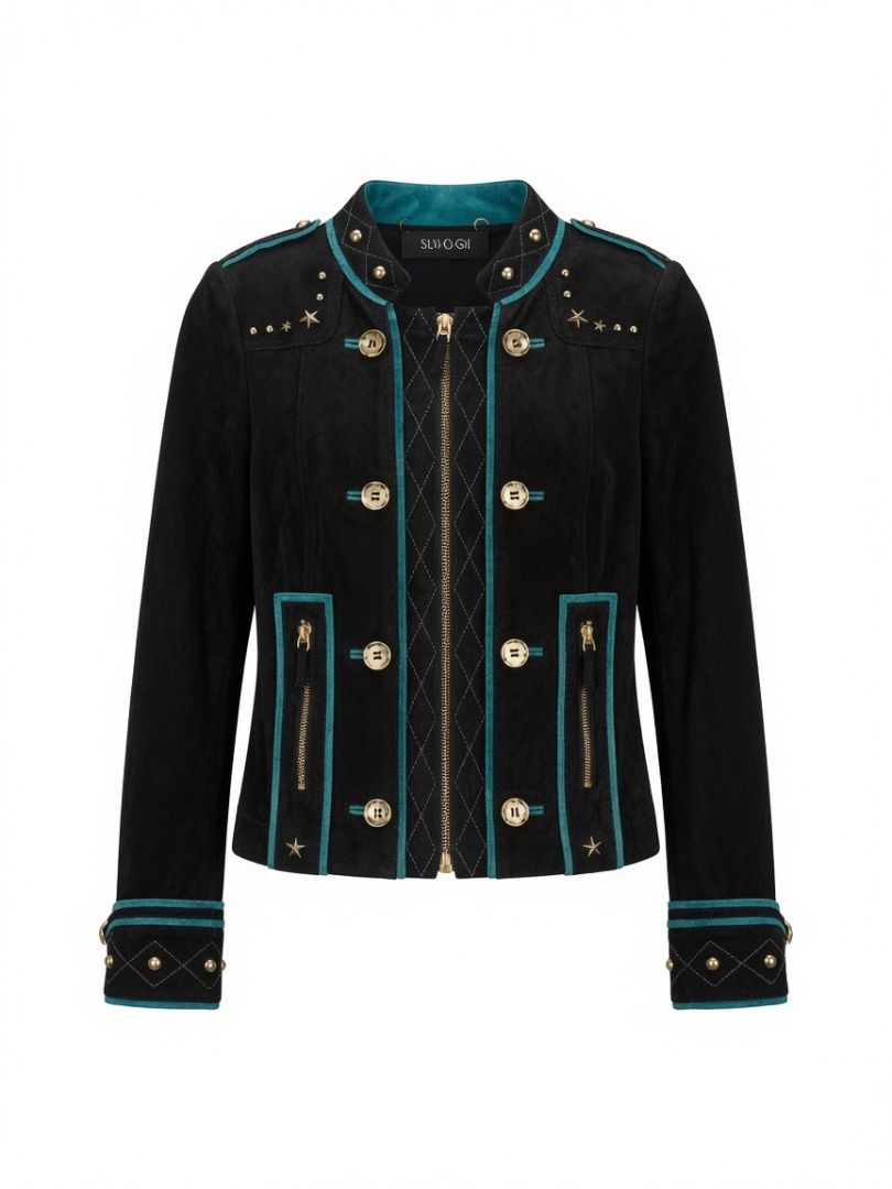 GUCCI black suede jacket with teal trim and gold buttons NWT