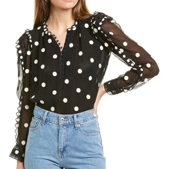 REBECCA TAYLOR sheer black long sleeve blouse with white stitched polka dots NWT