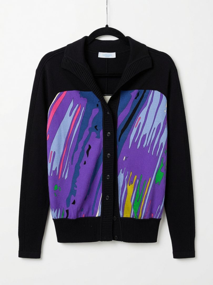 EMILIO PUCCI cardigan, black knit sleeve and collar with silk blue purple center, wool and silk blend