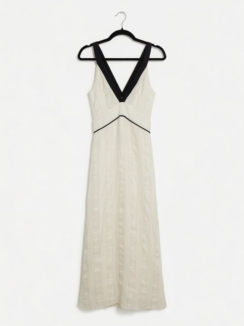 ZEUS + ALONE ivory maxi  dress with gold stripes and black tank top sleeve NWT Delphe dress