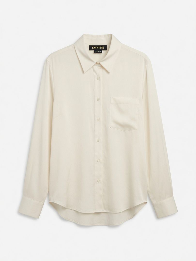 SMYTHE ivory satin button up long sleeve blouse