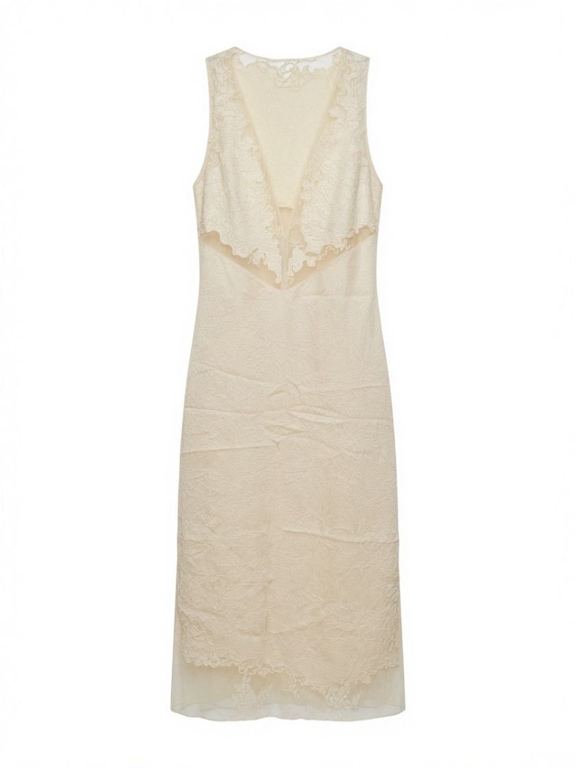 Zara Cream Lace Slip V Neck Midi Dress