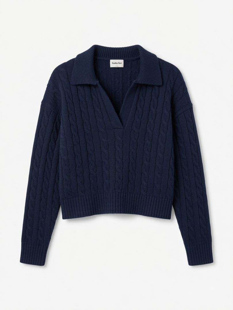 Sunday Best Navy Blue Cable Knit Collared Sweater