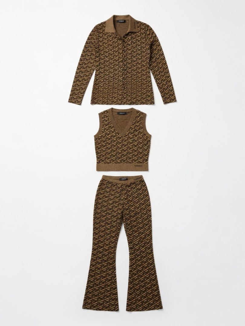 Versace Brown Geometric Pattern Three Piece Set Collared Cardigan and Pants