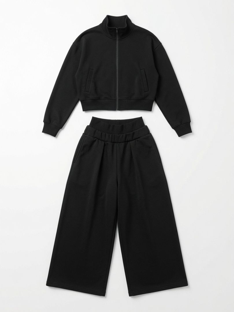 TKEES black sweat set, cropped zip neck sweater, oversized sweats, both with raw hem bottom
