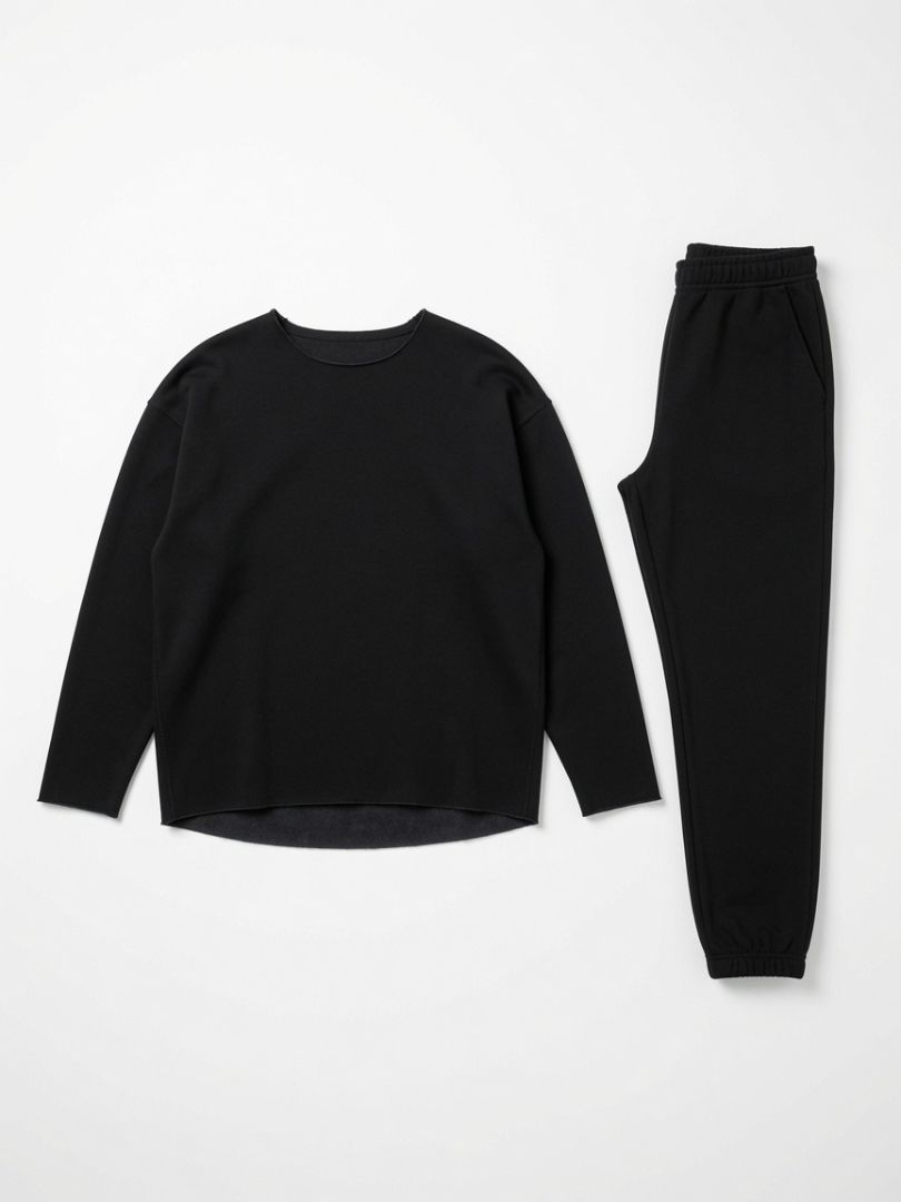 TKEES black sweat set, wide neck crew neck, sweat pants, both raw hems and fuzzy grey inside