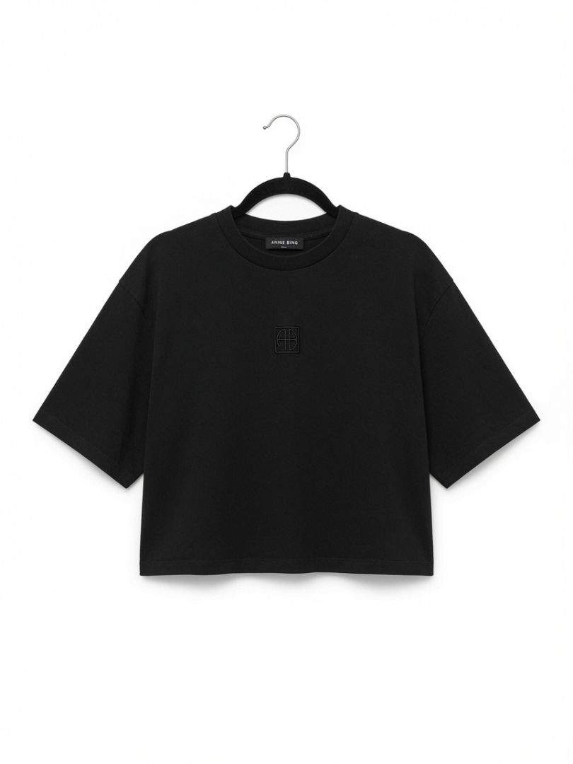 Anine Bing Black Cropped Tee with Embroidered Logo