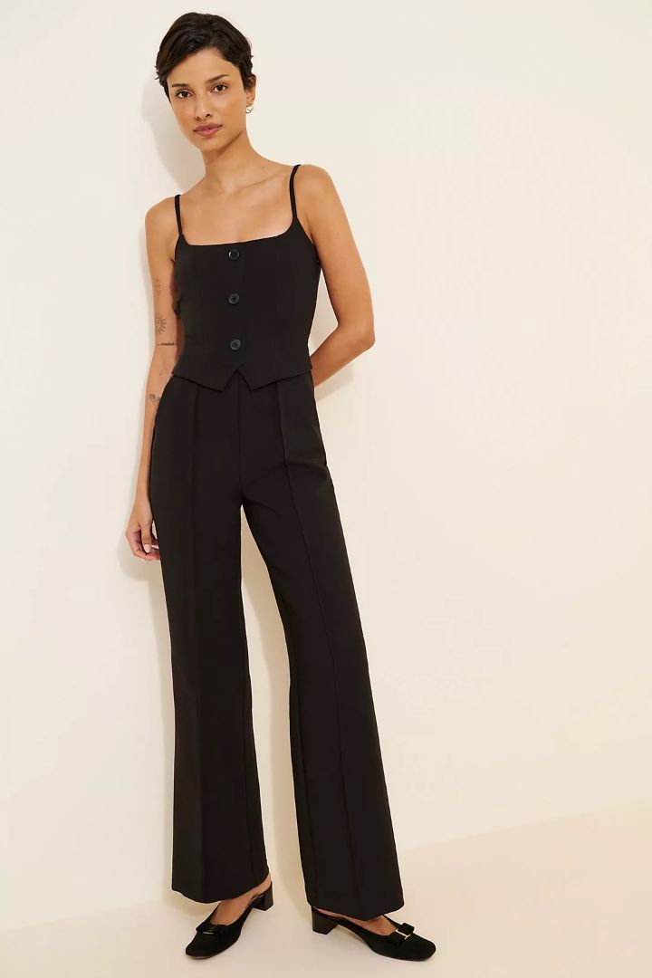 Pistola Black Corset Style Wide Leg Jumpsuit with Button Front