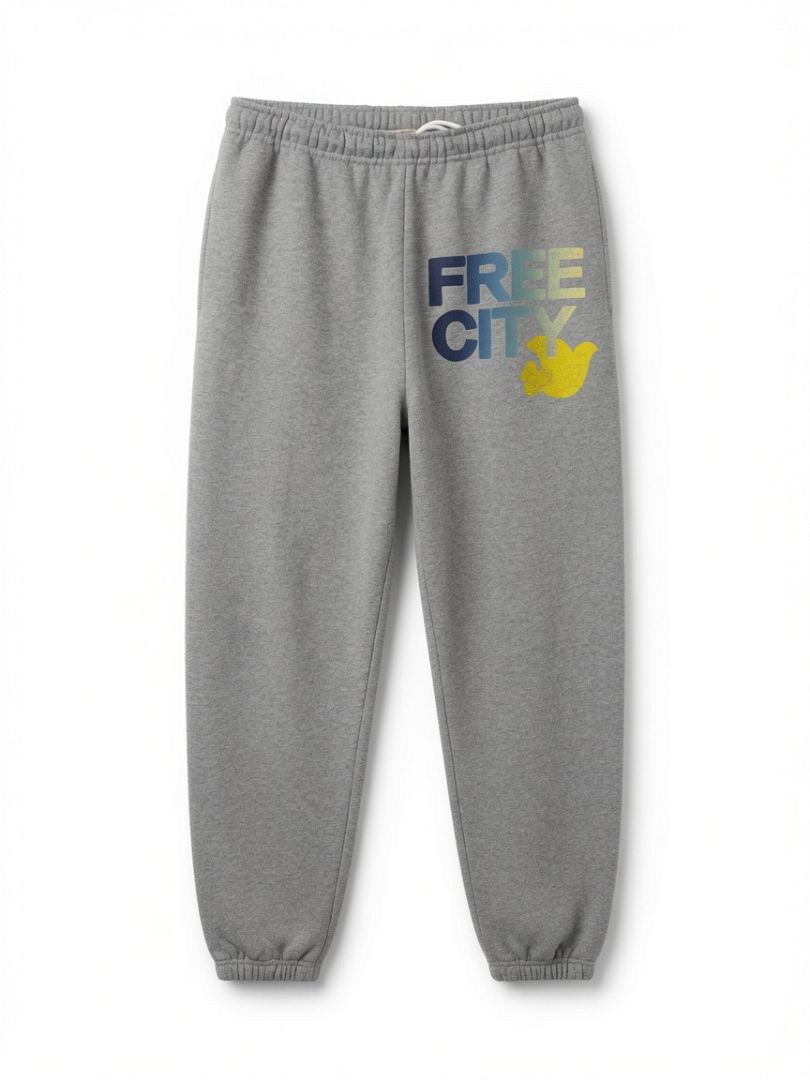 FREE CITY grey sweats with blue/yellow logo writing
