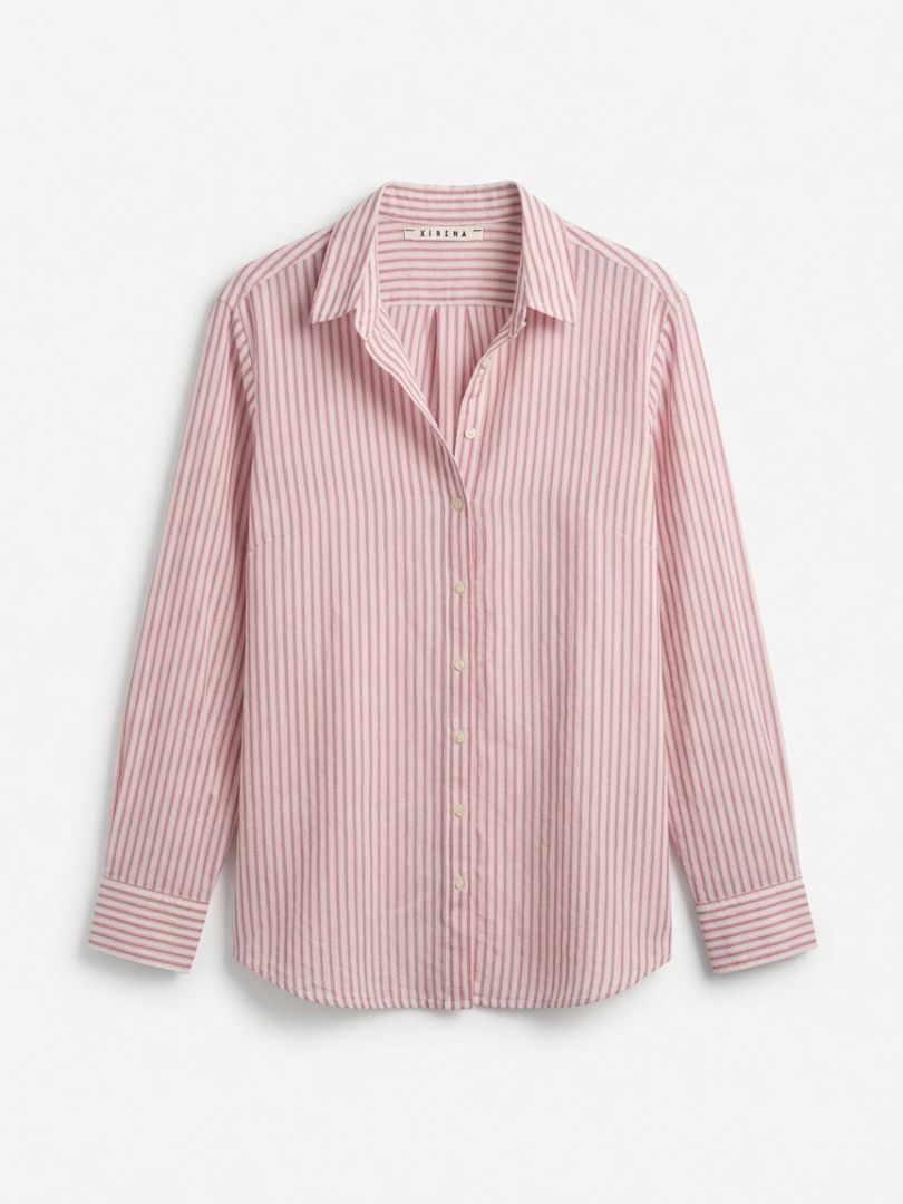 XIRENA red and white striped long sleeve button up