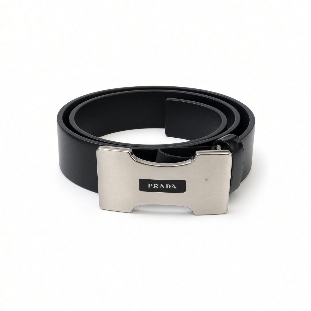 Prada Black Leather Logo Belt with Silver Buckle