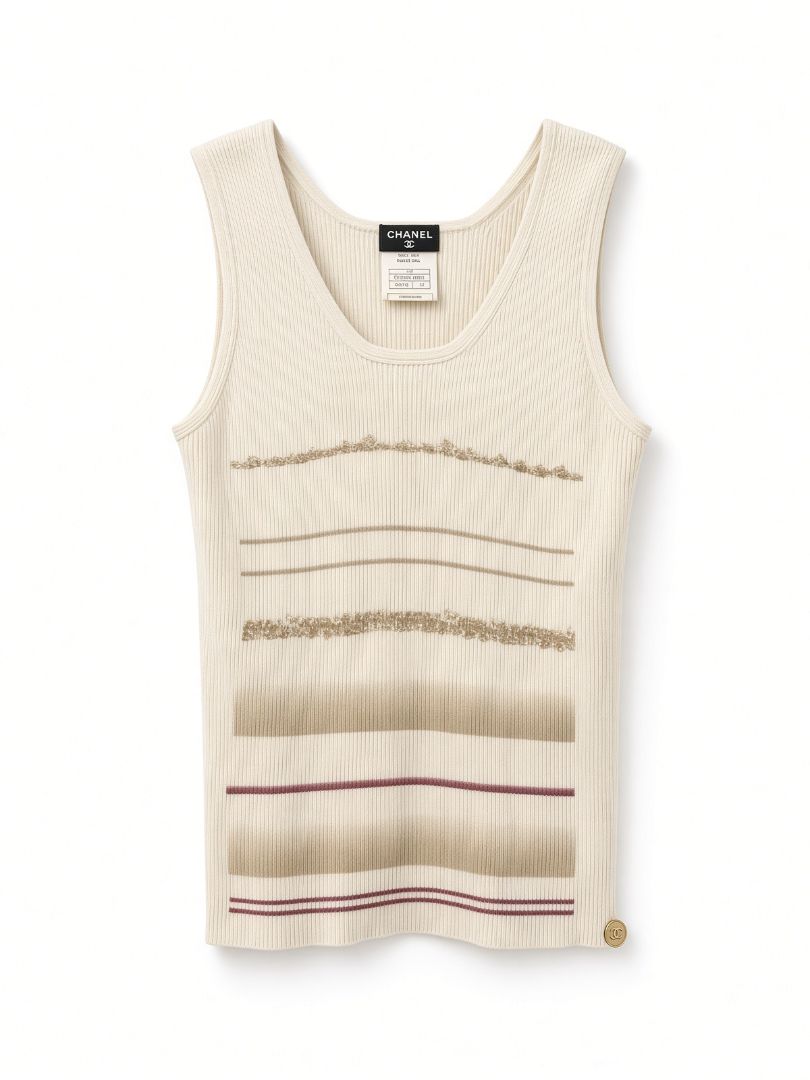 Chanel Cream Ribbed Knit Sleeveless Top with Stripes