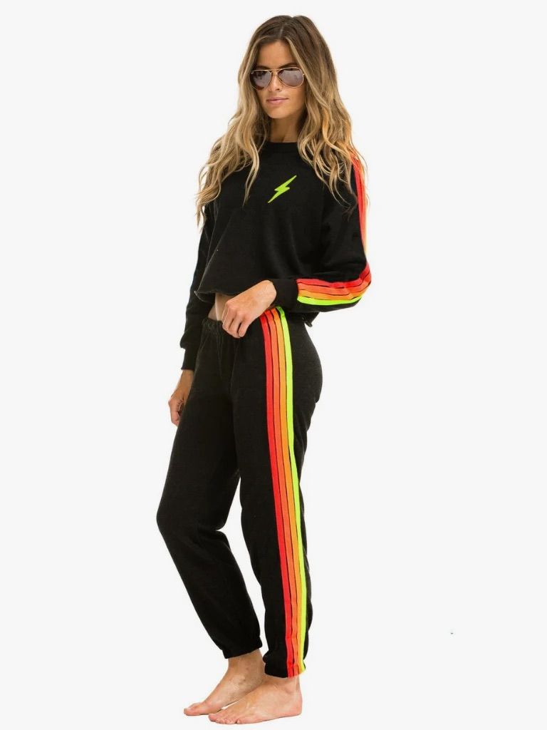 AVIATOR NATION charcoal set, cropped crewneck with neon stripes and lightning bolt, sweats w neon