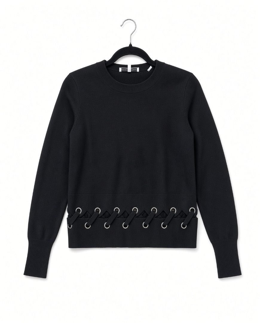 WHITE + WARREN 100% cashmere black long sleeve with grommets and stitched details on bottom
