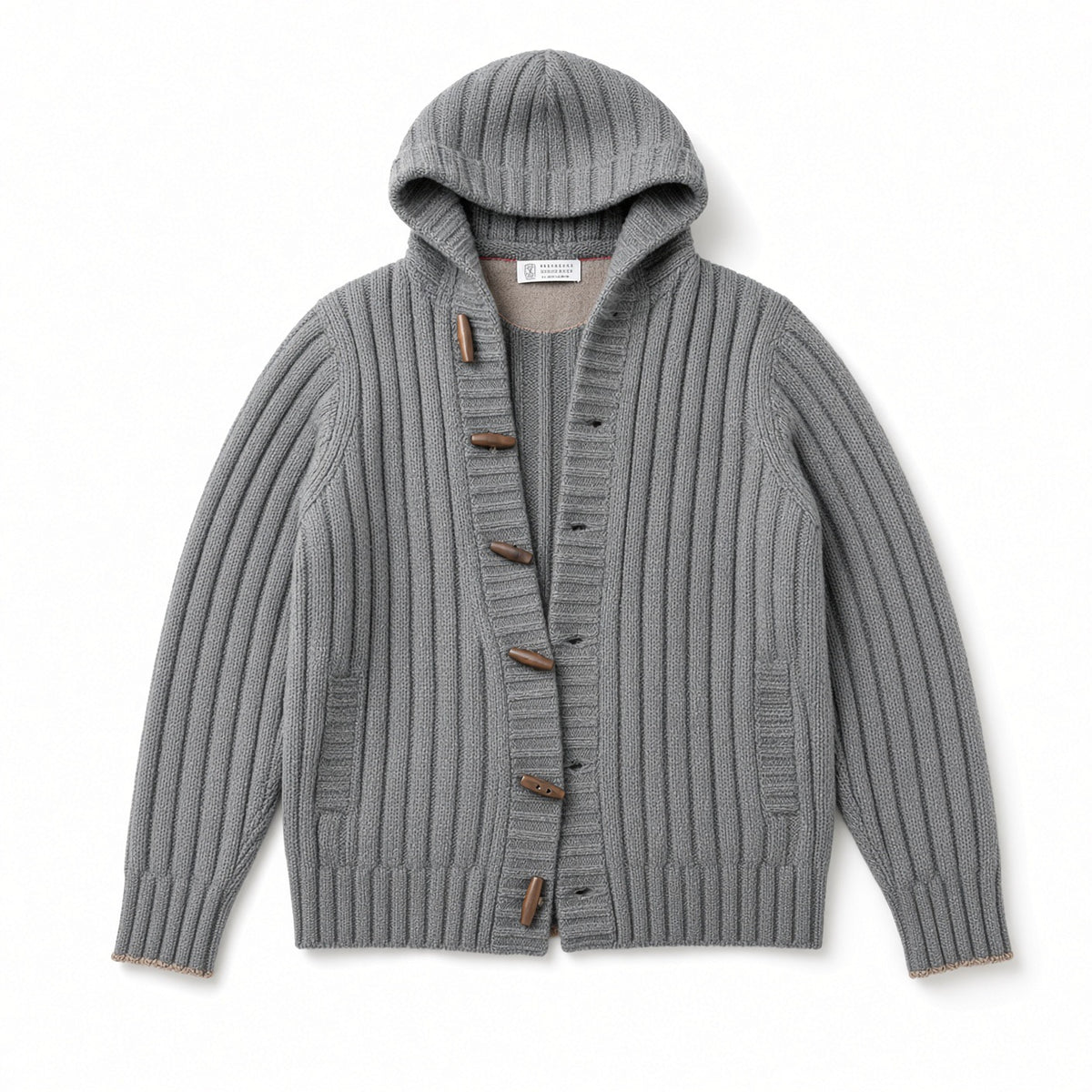 Brunello Cucinello Grey Cashmere Ribbed Hooded Toggle Cardigan