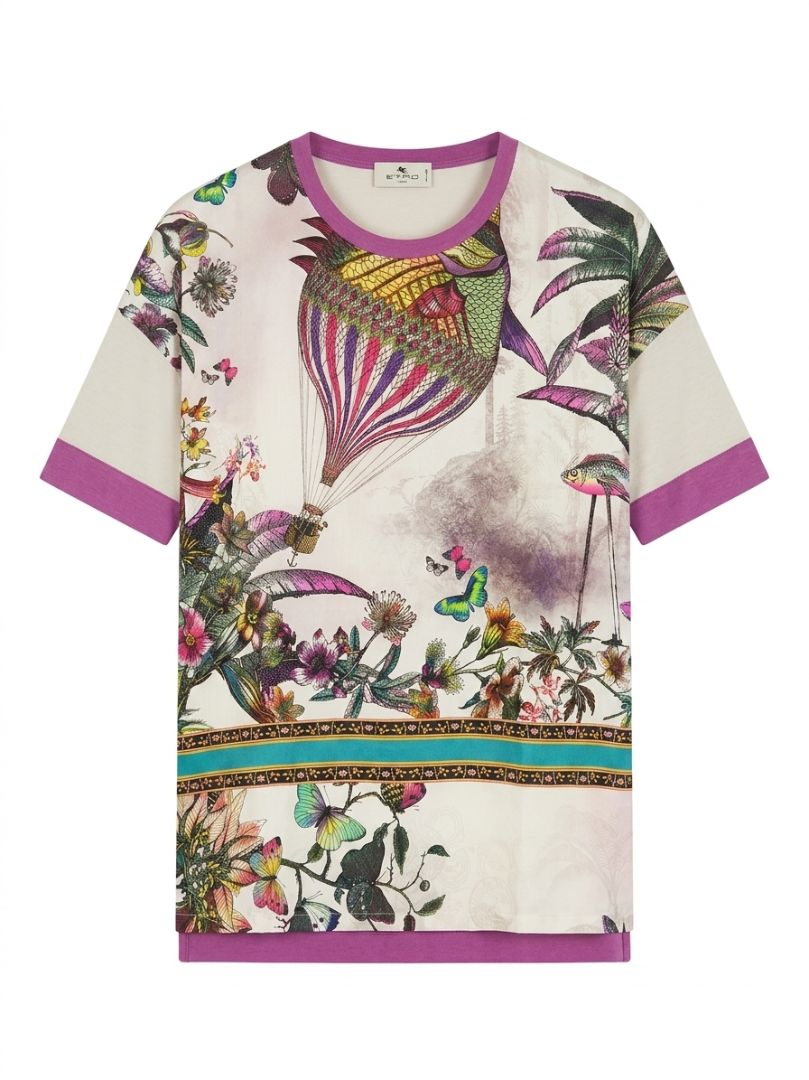 Purple Etro ETRO silk white tshirt w purple trim and print (hot air balloon, butterflies), L
