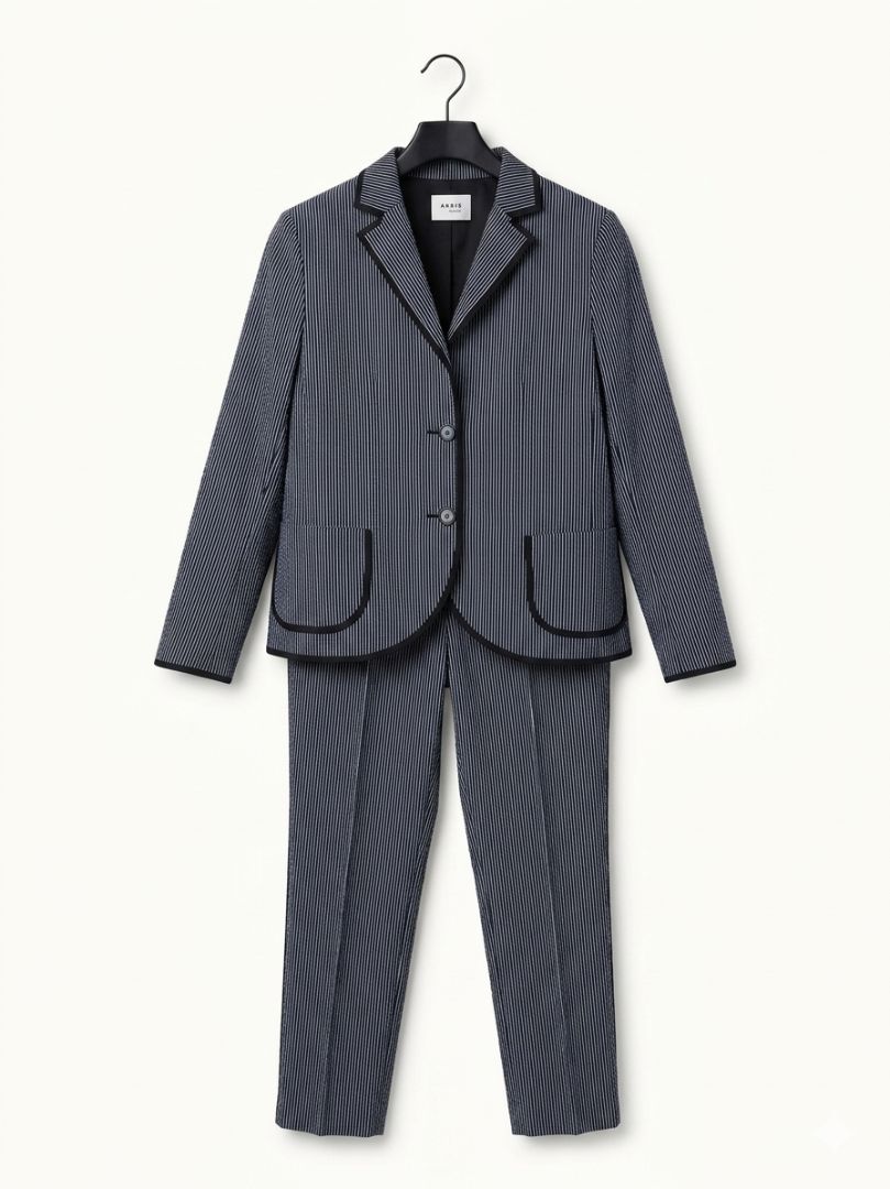 AKRIS PUNTO blue black white pinstripe cotton blazer and pant set