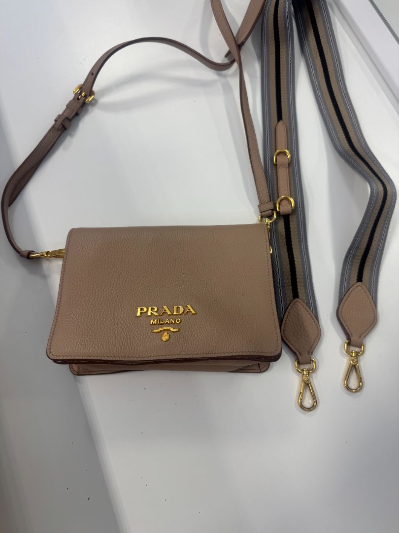Prada Taupe Pebbled Leather Crossbody Bag