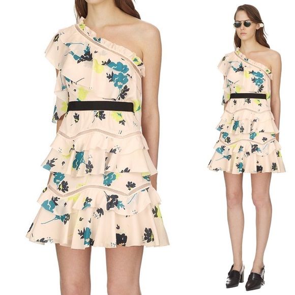 SELF PORTRAIT one shoulder mini dress, light peach colour with teal/navy/yellow flowers, black attached belt