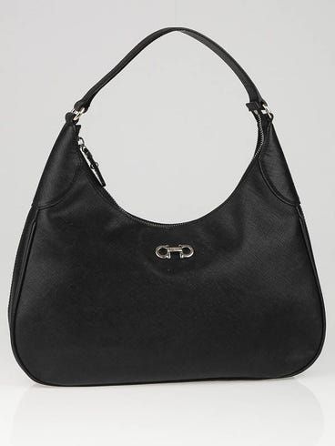 FERRAGAMO black Gancini saffiano leather shoulder bag with silver hardware, w dust bag