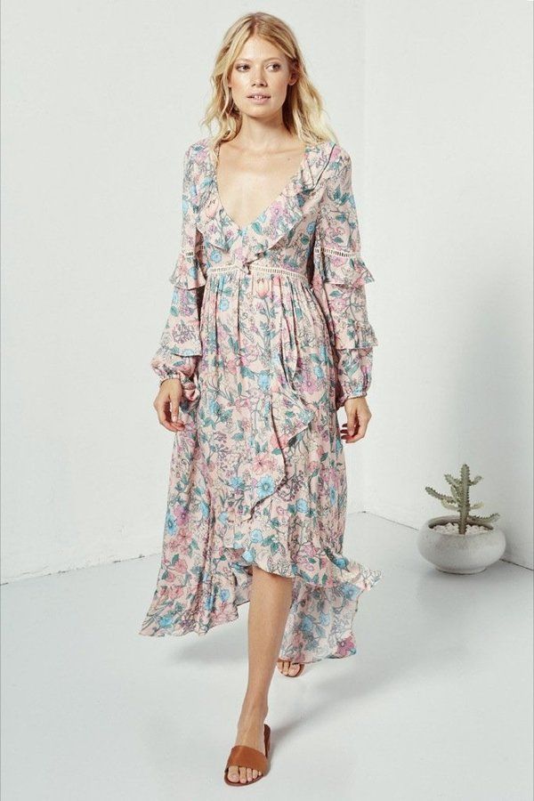 SPELL long sleeve maxi dress, pink w multicolour florals, back cutout
