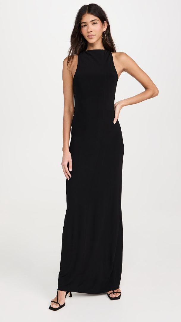 Solid and Striped Black Sleeveless Maxi Slip Dress Low Back with Yellow Accent Collar