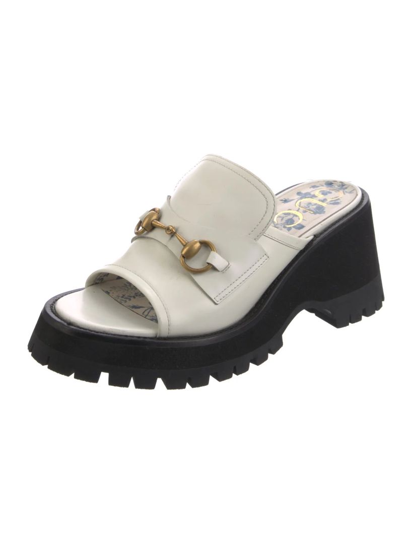Gucci Cream Horsebit Open Toe Platform Mules