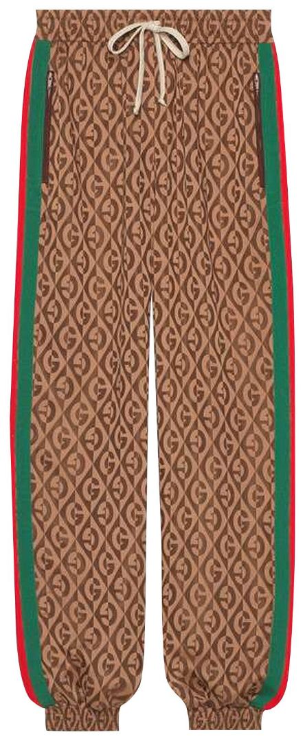 GUCCI brown drawstring pants with green, red stripe